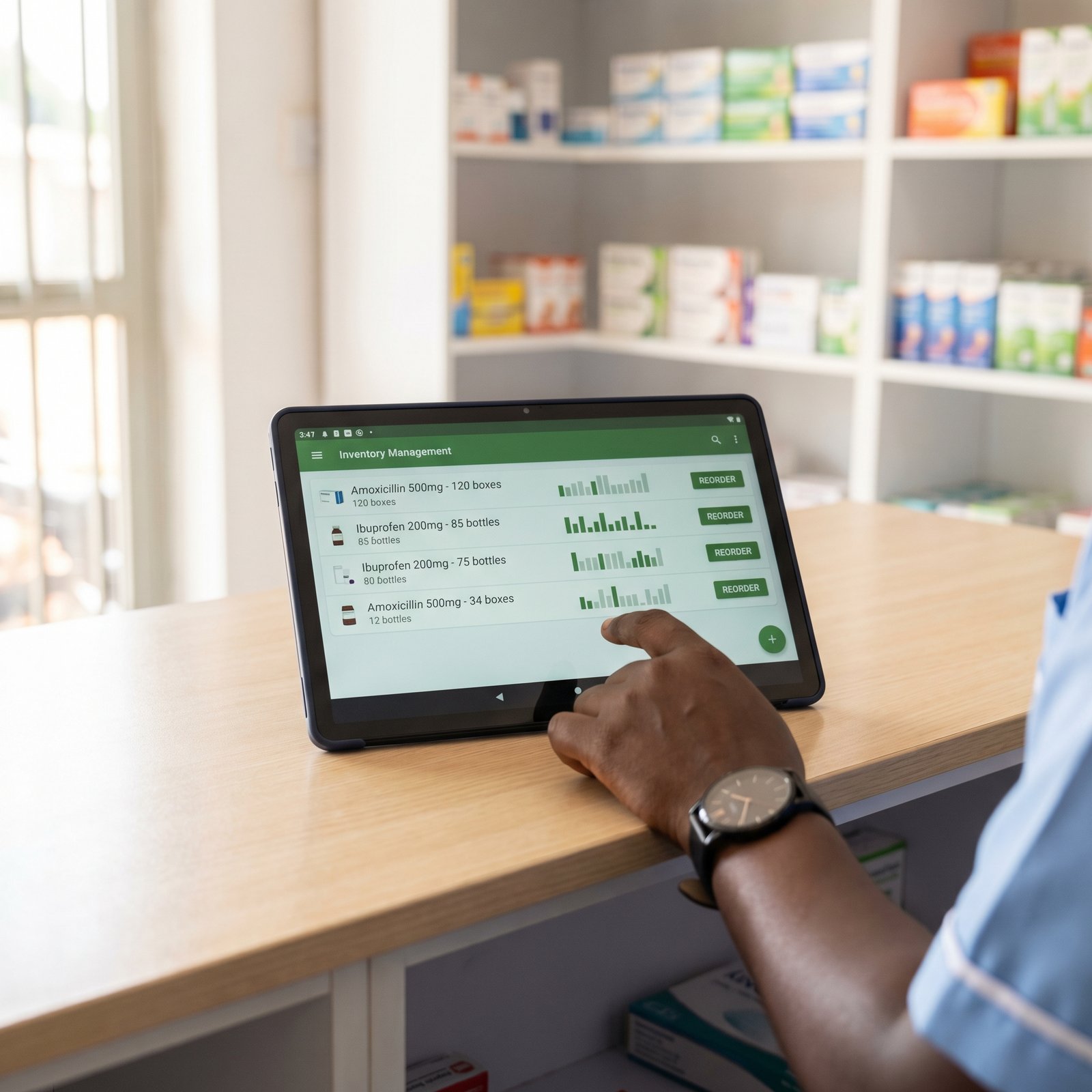 Pharmacy management software dashboard on a tablet in a Kampala pharmacy