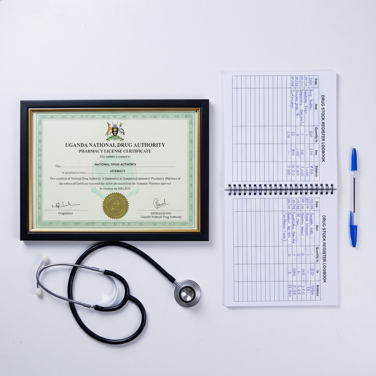 NDA compliance documentation and pharmacy license for a Ugandan drug shop