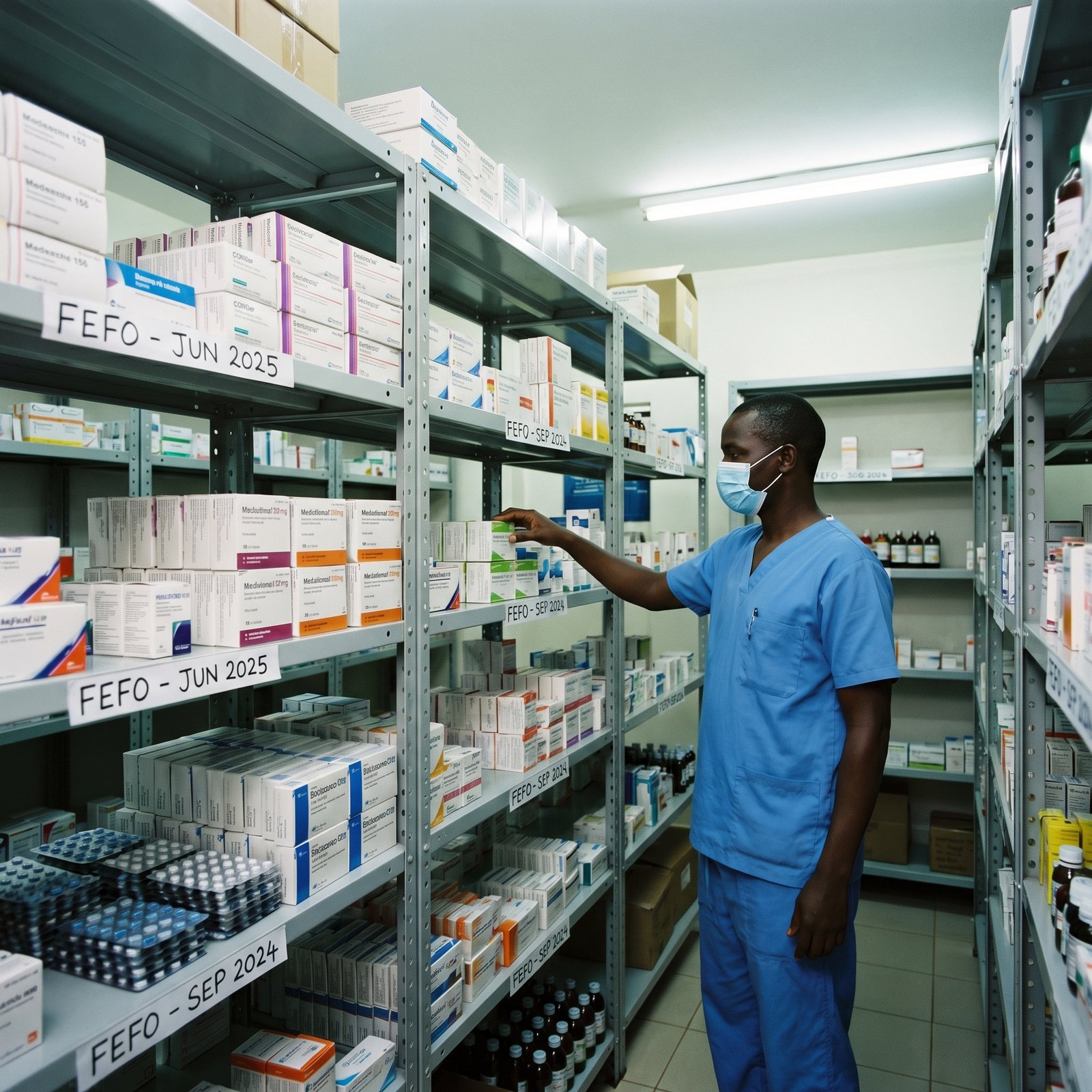 Organised pharmacy storage shelves using FEFO stock rotation in Uganda
