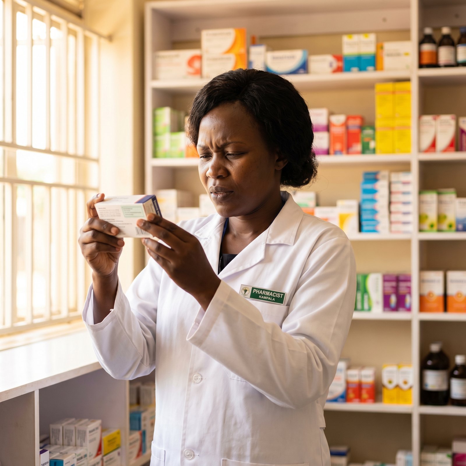 Pharmacist reviewing expired drug stock in a Ugandan pharmacy