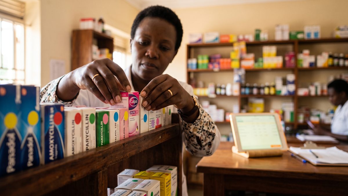 An expiry report on a tablet listing batches due to expire in a Ugandan pharmacy