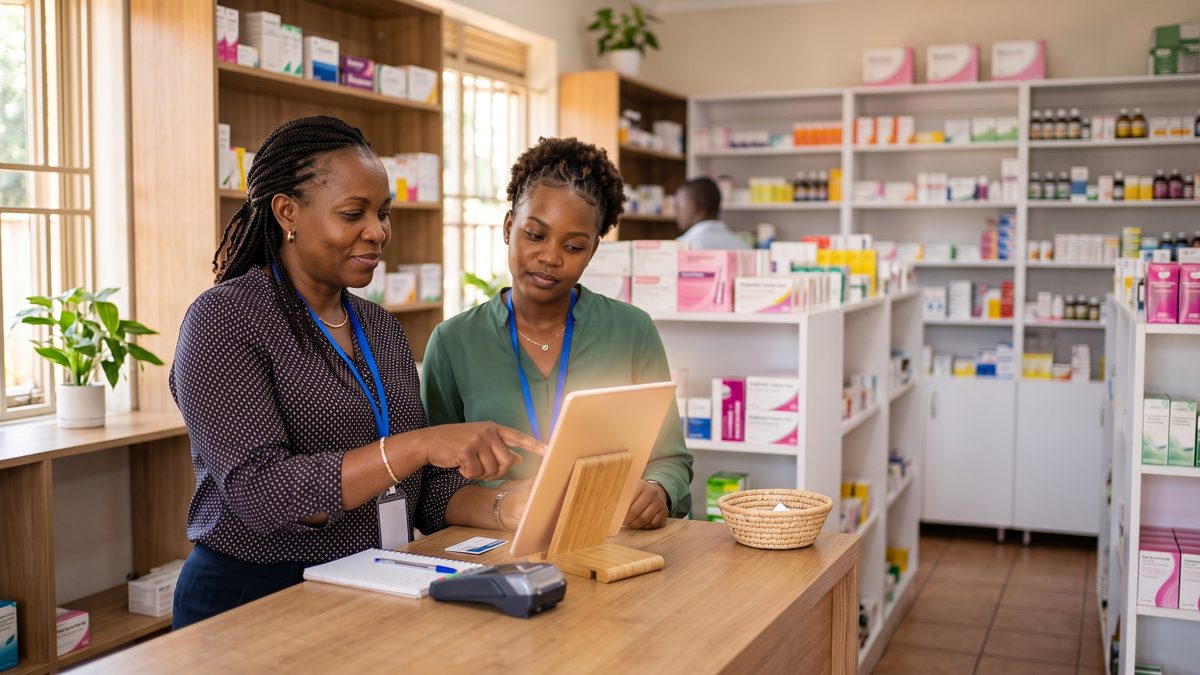 A pharmacy owner comparing pharmacy management software on a tablet at the counter