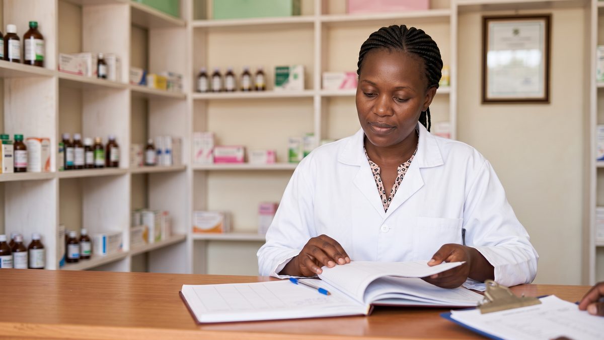 A pharmacist presenting a controlled drugs register during a National Drug Authority inspection in Uganda