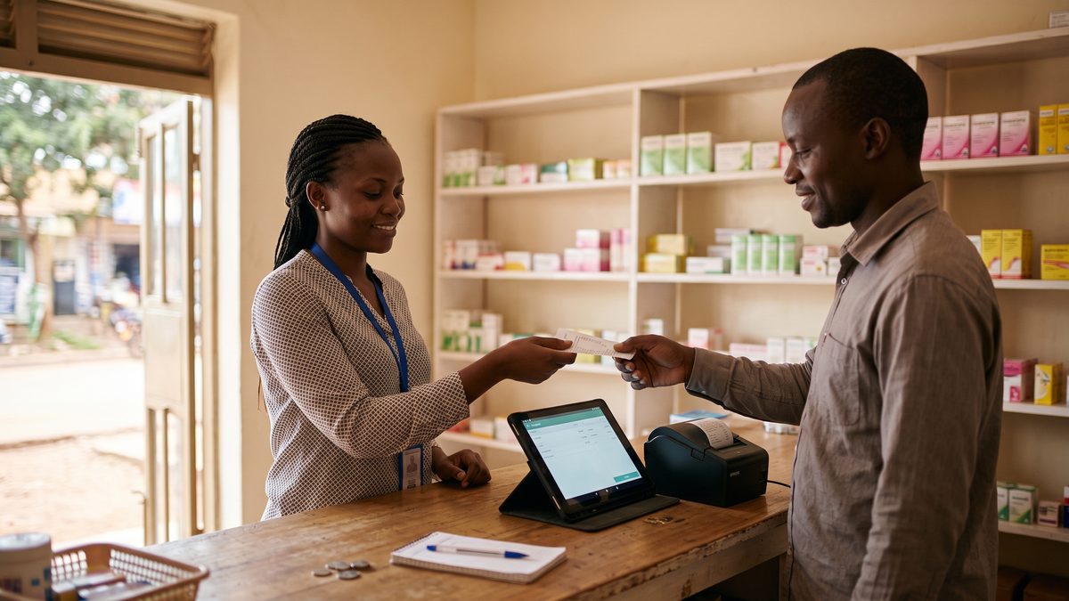 A drug shop attendant selling on a tablet during a power cut in Uganda