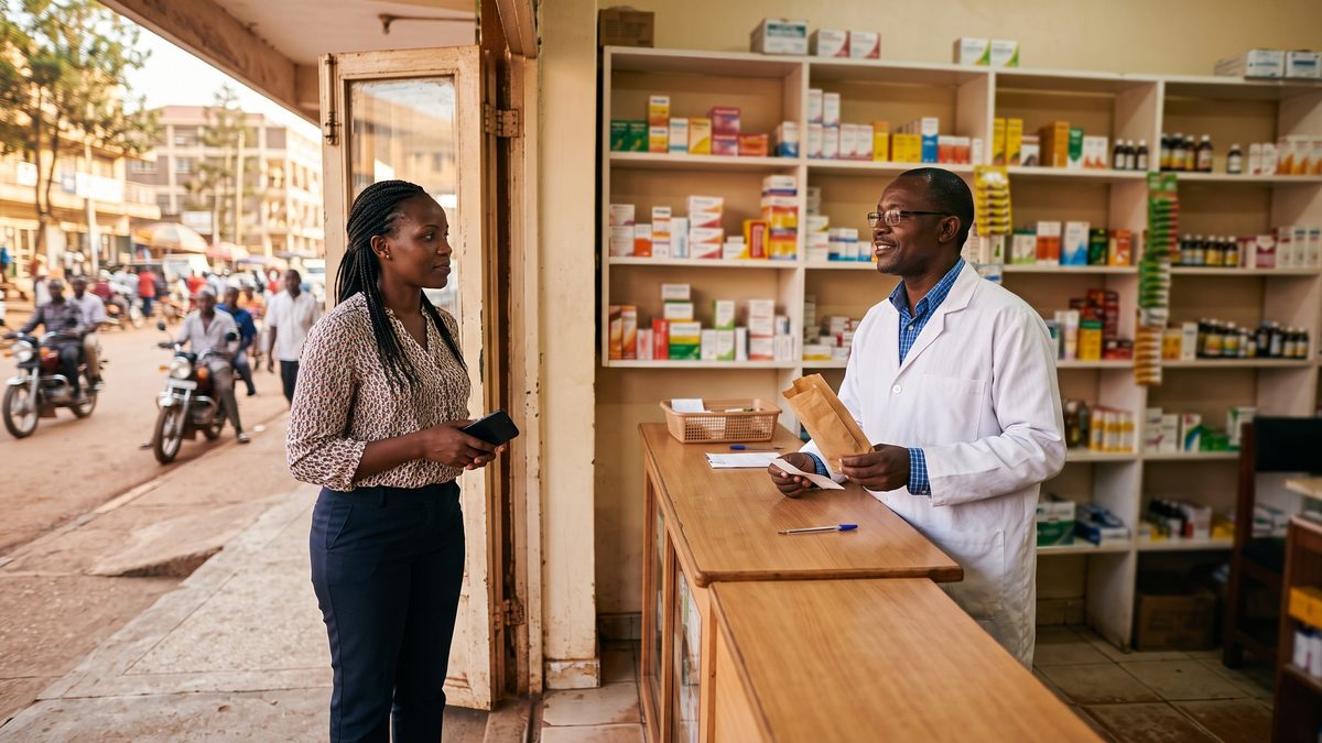 A customer placing a pickup order from a Kampala pharmacy's online page on a phone