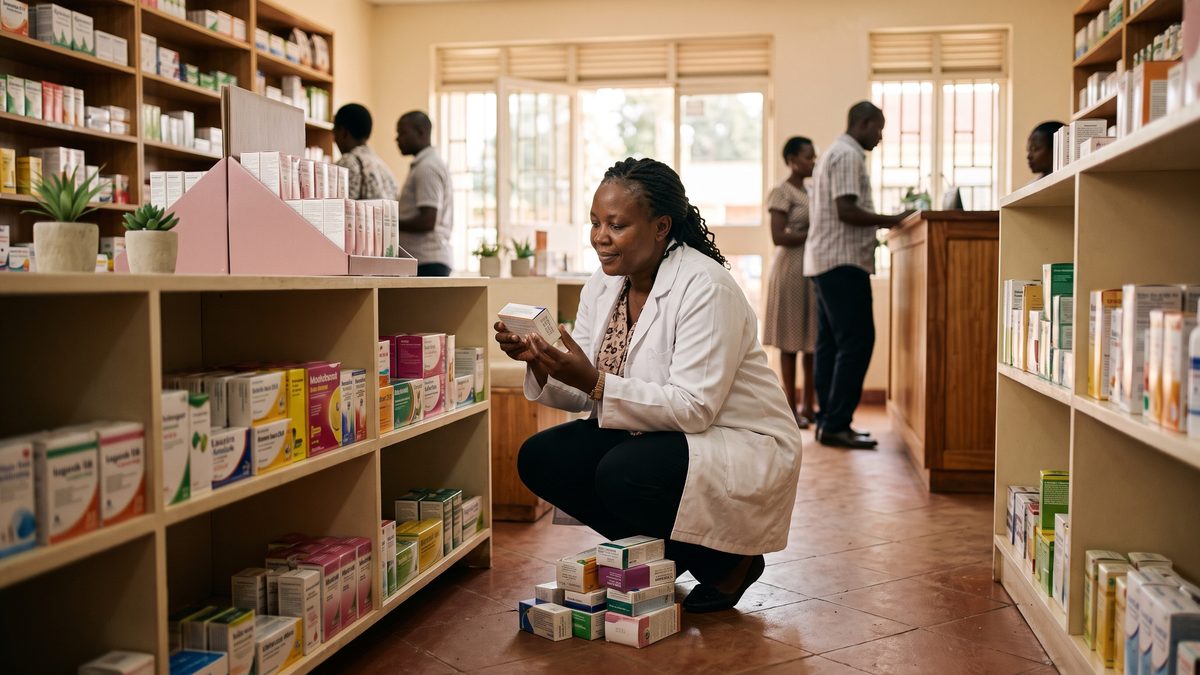 A pharmacist checking expiry dates on a shelf of medicines in a Ugandan pharmacy