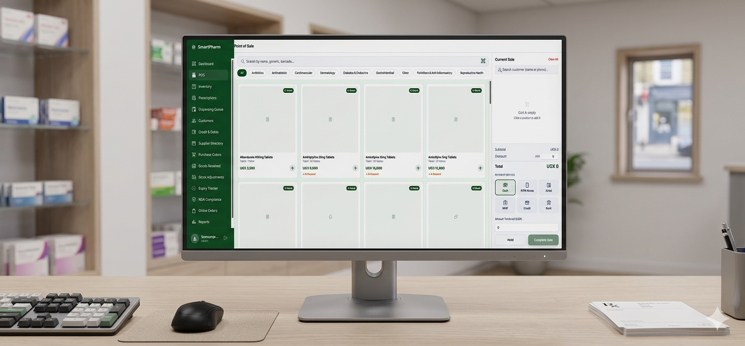 SmartPharm offline POS system running in a Ugandan pharmacy